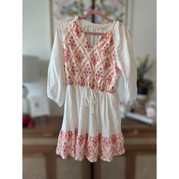 NWOT Fanco Embroidered Geometric Diamond Lattice Peasant Mini Dress White Large - Picture 9 of 11